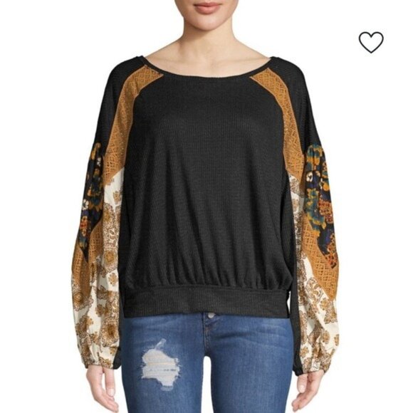 Free People Casual Clash Top Boho Black/ Multicolor Patchwork Blouse Sz Medium - Picture 1 of 7